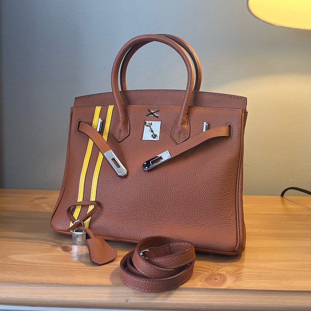 Gold Camel Lether Bag with Yellow Stripes